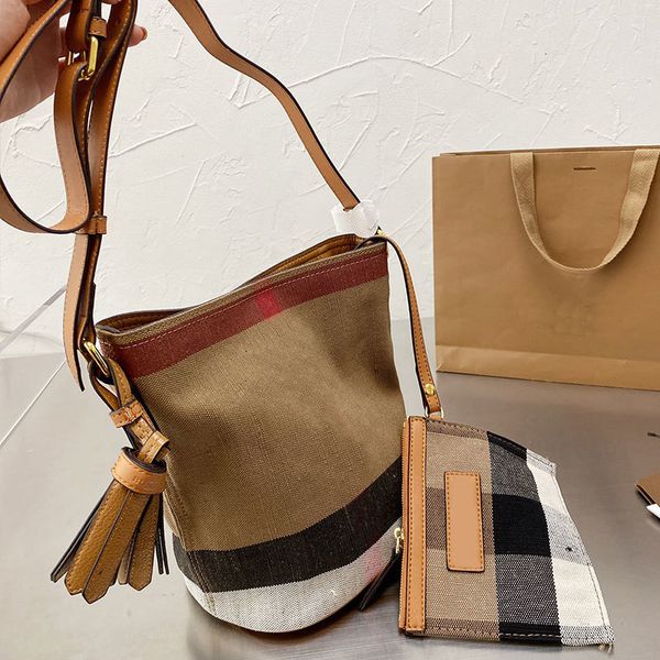 

cotton hemp bucket bag women canvas crosssbody tote handbag classic check shoulder package with cowhide leather