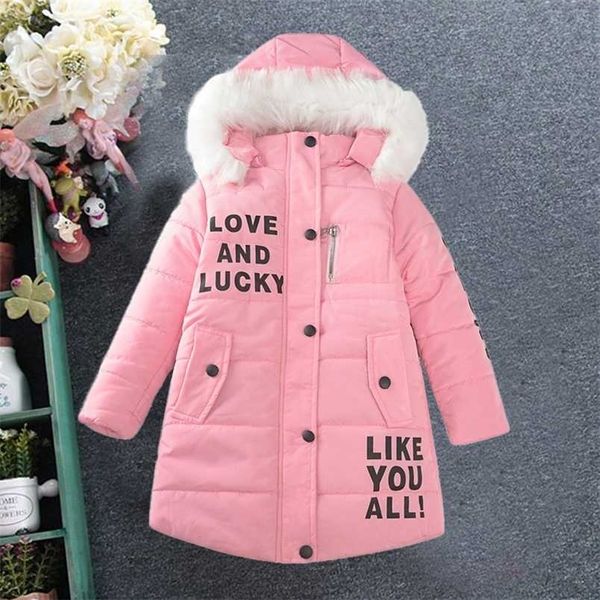 

girls winter down cotton padded jacket thick warm mid-length letter fashion girl fur collar hooded 211203, Blue;gray