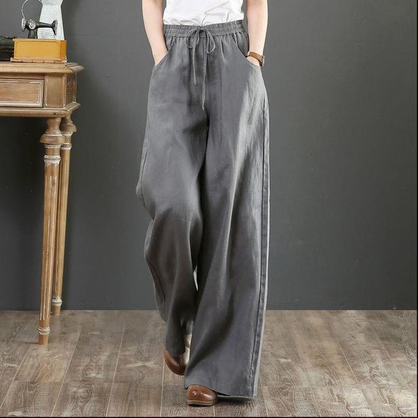 

spring women capris summer oversized casual elastic high waist wide leg pants female vintage loose cotton linen, Black;white