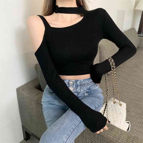 Sexy Crop Top Ribber Maglia Top Donna Scava Fuori Casual Manica Lunga T Shirt Skinny Autunno Inverno Slim Tee Abbigliamento Donna 210507