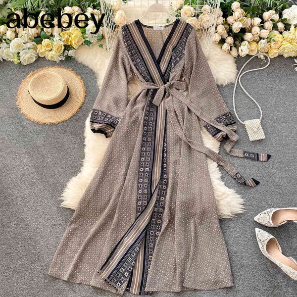

fashion women chiffon dress ladies printed lace-up waistband long sleeved sashes waist slim style swing a-line 210512, Black;gray