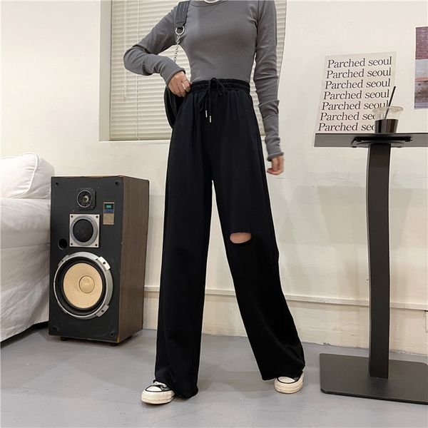 

capris ytx301 high waist, slimming, all-match hole wide pants, Black;white