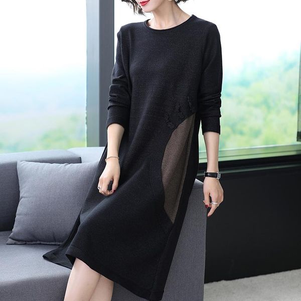 

casual dresses 2021 autumn winter women long sleeve patchwork knit sweater dress o-neck lady loose, Black;gray
