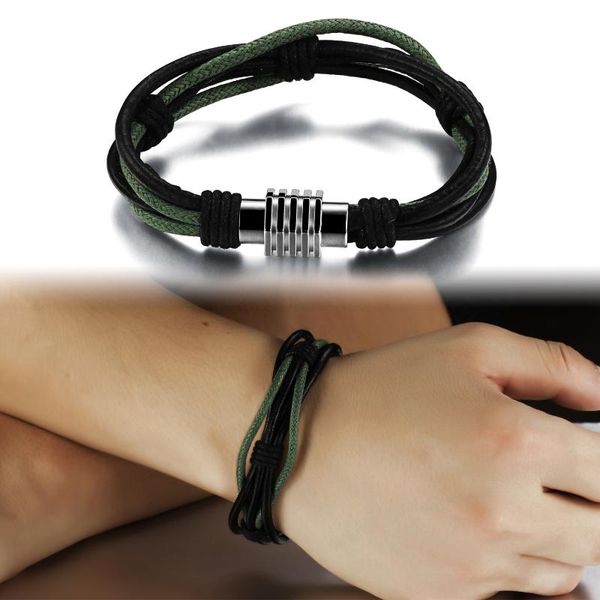 

charm bracelets jialy wholesale european black rope braided leather bracelet stainless steel magnetic buckle wristband for boy men jewelry, Golden;silver