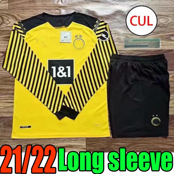 

men 21 22 haaland reus dortmund long sleeve soccer jersey 2021 2022 bellingham sancho hummels brandt home yellow football shirts set, Black;yellow