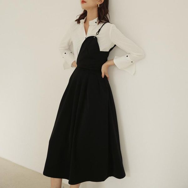 

casual dresses lanmrem 2021 chinese styles stand collar full sleeves irregular high waist buttons slim ball gown dress female vestido wl0340, Black;gray