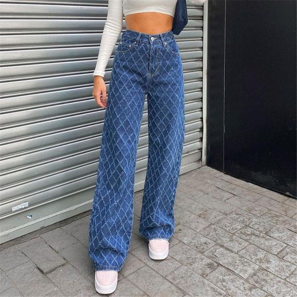 

pure cotton high waist straight casual jeans women 2021 blue diamond lattice drape streetwear lady clothes denim trousers women's