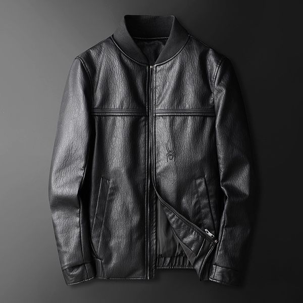

fashion leather men's coat, able slim fitting baseball jacket collar, plush ,, Black