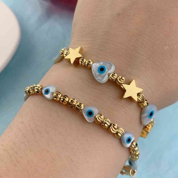 Evil Eye Charm-Armband, modisch, natürliches Perlmutt, Muschel, Metall, Stern, runde Perlen, Perlenarmbänder für Frauen und Mädchen