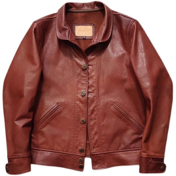 

men's leather & faux 2021 red wine genuine jacket men retro casual style single breasted plus size 3xl real natural sheepskin slim shor, Black