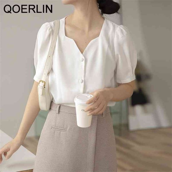 

white chiffon shirt female v-neck retro women blouse summer elegant short sleeve plus size puff shirts 210601