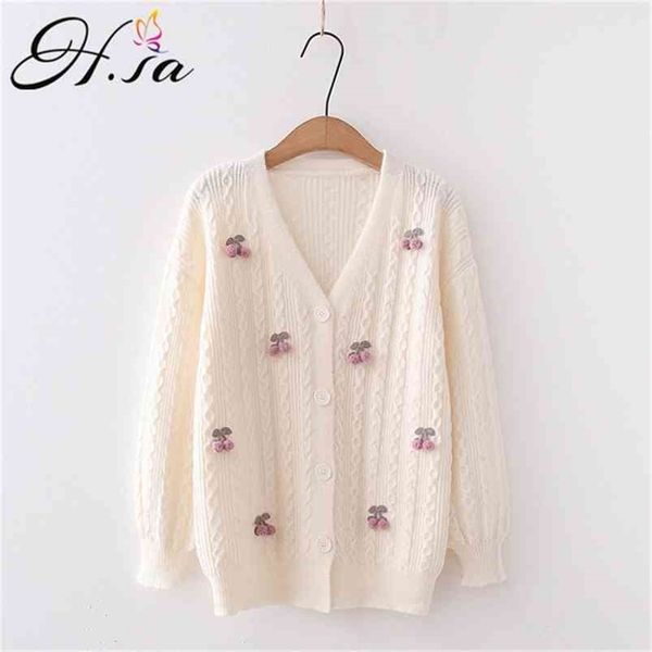 

women fall knitwear loose sweater and cardigans v neck fruit cherry knit jacket sweet cute casual mujer sueter 210430, White