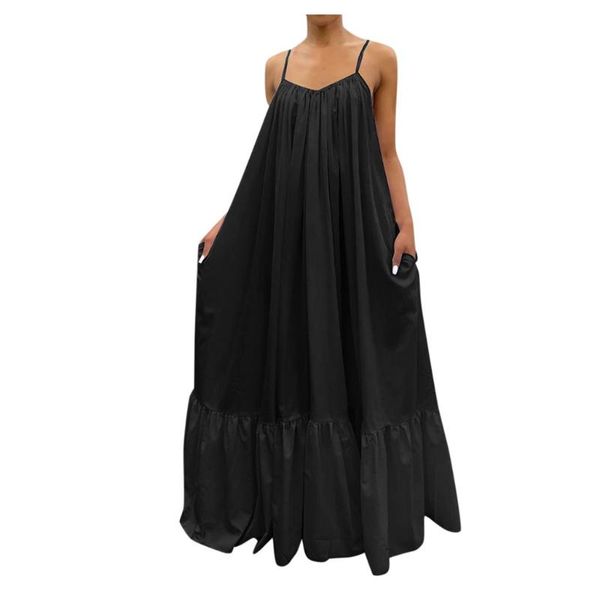 

casual dresses boho sleeveless big swing long dress for women summer solid color backless camis tanks loose beach sundress robes, Black;gray