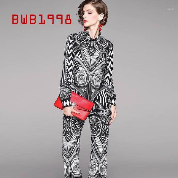 

novel pattern print shirt trousers two piece set women summer 2021 designer long sleeve blouse bell-bottom flare pant dress, White