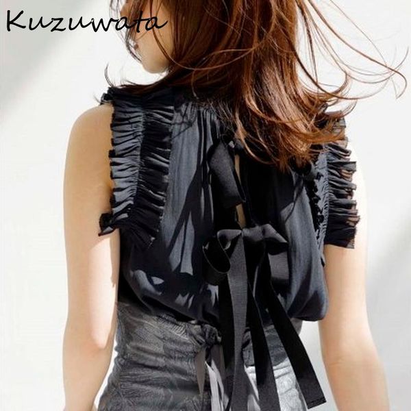 

women's blouses & shirts kuzuwata folds stand collar sleeveless back bowknot drawstring solid blusas japanese 2021 summer sweet fresh, White