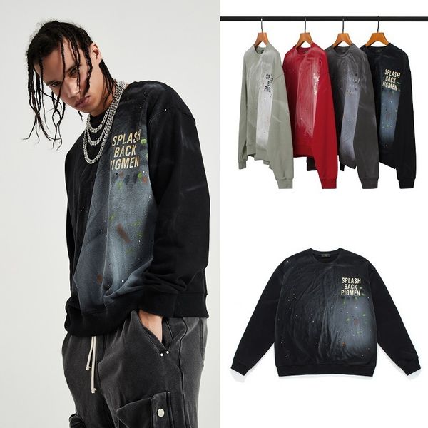 

fashion fleece hoodies high street dark hip hop brand round neck sleeve oversize loose splash ink wash terry sweater, Black