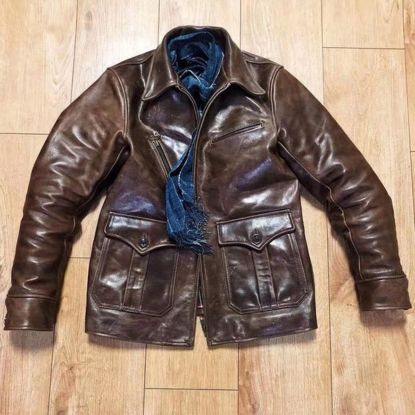 

men's leather & faux yr.2021 brown luxury batik horsehide jacket,sboy clothes,man quality vintage genuine coat,, Black