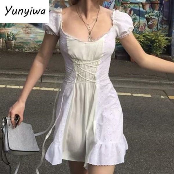 

2021 retro stitching wood ears lace cross lacing up short sleeve short dress for woman white french mini dresses holiday, Black;gray
