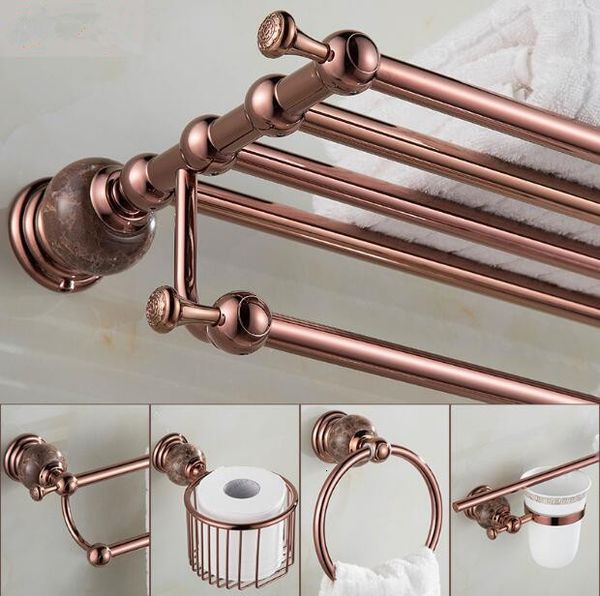 

bathroom shelves brass and jade accessories set, rose gold robe hook,paper holder,towel bar,soap basket,towel rack hardware set qz
