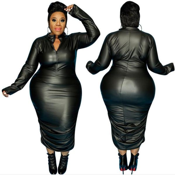 

casual dresses 2021 est women solid pu dress full sleeves stand zipper neck slimming waist night club party bodycon high quality, Black;gray