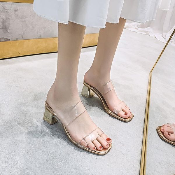 

shoes med slippers women summer transparent heel heeled mules glitter slides pantofle fashion square high jelly 2021 luxury, Black