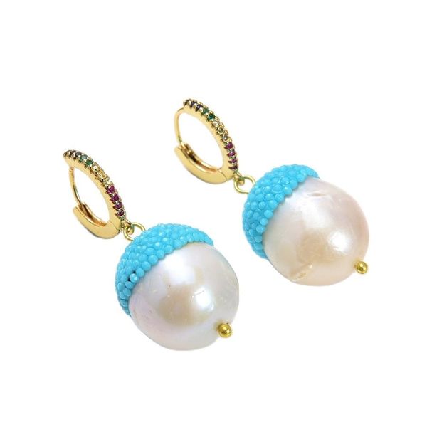 

jk 2'' white keshi pearl blue stone druzy hamsa hook cz earrings, Golden