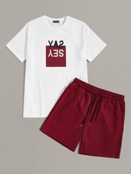 

men letter print tee & shorts set e6lv#, Gray