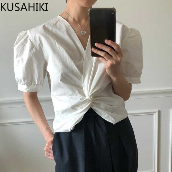 

causal solid cross twisted v-neck blouse shirt korean chic summer puff short sleeve blusas femme mujer 6g757 210603, White
