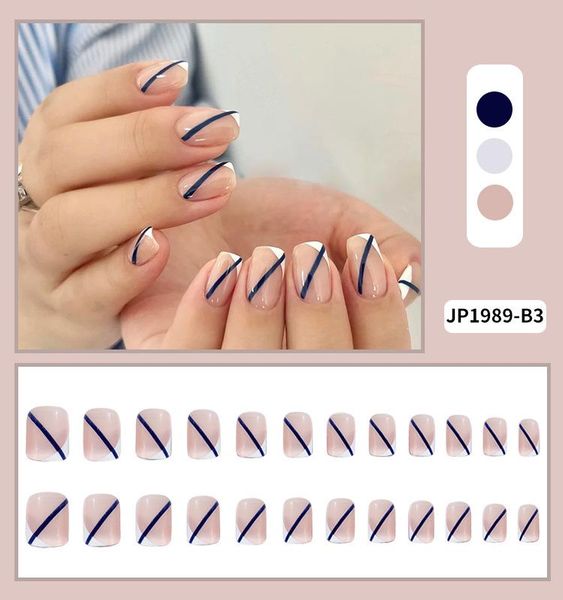 

false nails 24pcs/set fake blue line transparent nude glue type removable short paragraph fashion manicure diy nail art decoration rp, Red;gold