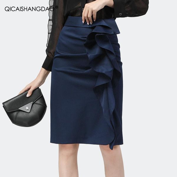 

office ladies pencil skirt blue ruffles high waist knee-length shirred midi skirts 2021 autumn elegant one step, Black