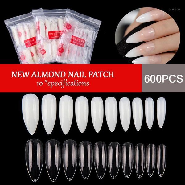 

600pcs long stiletto oval false nail tips manicure almond style full cover fake nails clear/nature tool1, Red;gold