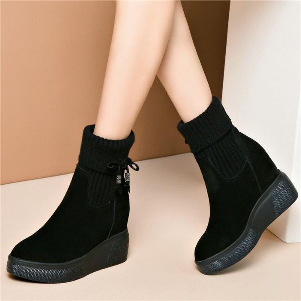 

fashion sneakers women genuine leather wedges heel snow boots female knitting high winter warm fur platform pumps shoes kwwj, Black