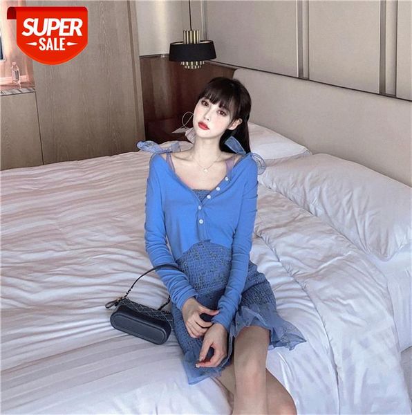 

korean fashion pleated blue floral dress + cardigan #5h50, Black
