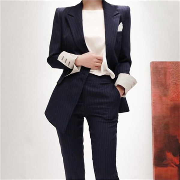

fashion suit female autumn casual blue striped blazer pants two-piece women women's two piece, White