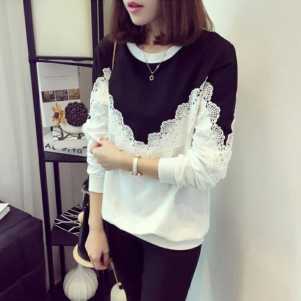 

women's t-shirt large lace long sleeve spring and autumn wear korean loose thin sweater top, White