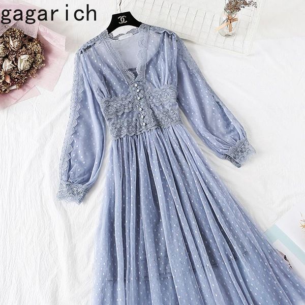 

casual dresses gagarich women dress spring summer 2021 french vintage solid lace mesh long sleeve fairy ladies two piece vestido elegant, Black;gray