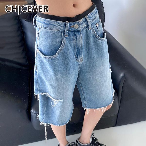 

women's shorts chicever streetwear blue loose denim high waist wide leg straight hole fashion short female 2021 autumn style, White;black