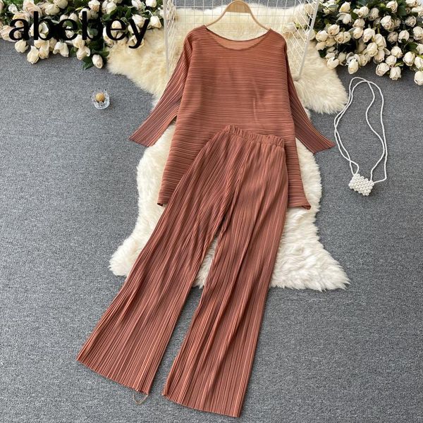 

women's two piece pants women spring fashion korean set long sleeve o neck casual loose +high waist wide leg suits, White