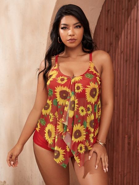 

plus sunflower print contrast mesh bikini swimsuit l6y6#, Black