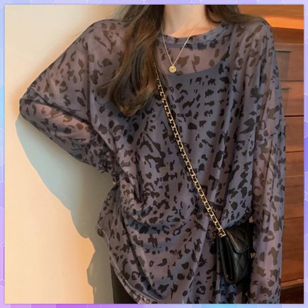 

women's swimwear cover-ups leopard print ice silk swimsuit cover up thin long-sleeved sheer mesh bikini t-shirt women loose summer, White;black