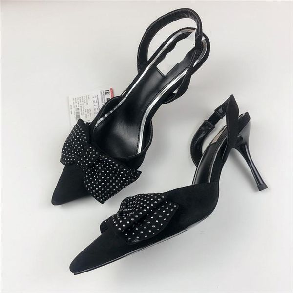 

sandals velvet shoes 2021 all-match high heels large size suit female beige suede bow fashion pointed stiletto high-heeled g, Black