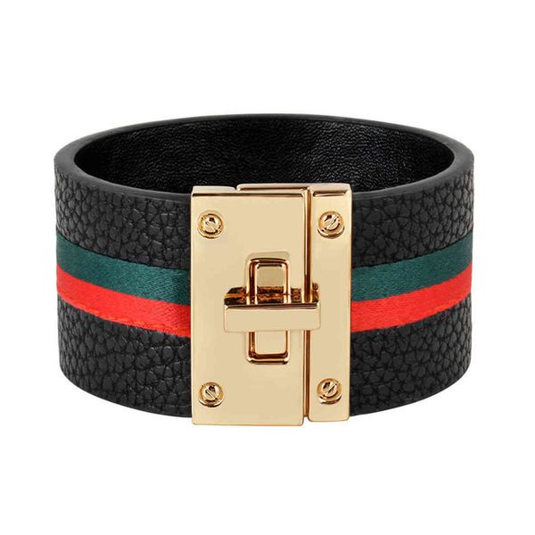

kirykle women cuff leather bracelets red green ribbon bangles simple steel lock design wide charm punk female jewelry, Black