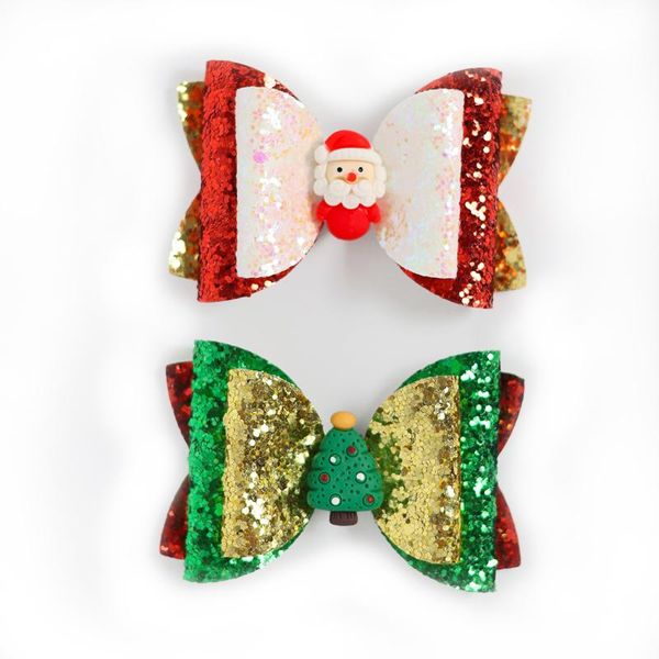 

hair accessories 2pcs christmas cartoon santa claus snowman gift bow cute glitter side clips sequins hairpins girls kids, Slivery;white