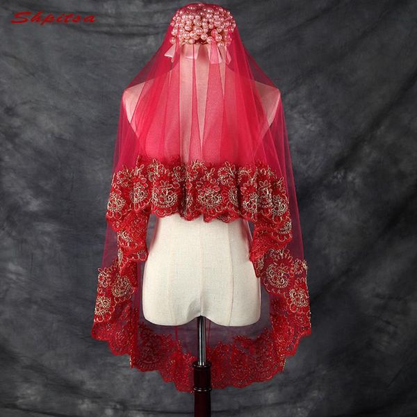 

bridal veils red lace long cathedral wedding veil 3 m one layer bride, Black