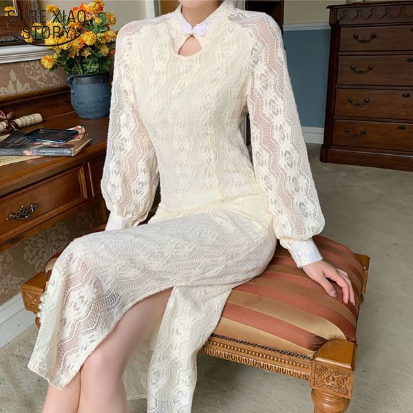 

elegant high waist cheongsam lace long dress for women winter slim puff sleeve apricot ladies split side 12764 210508, Black;gray