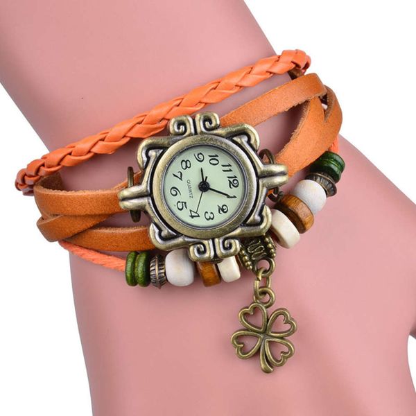

korean fashion woven four leaf clover bracelet women's student pendant watch, Black
