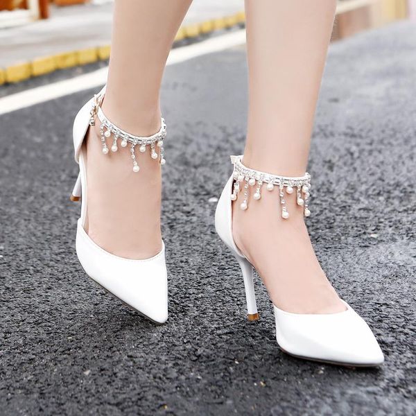 

dress shoes women wedding high heels red white pearl bride pumps ankle strap pointed toe ladies fashion party clip on, Black