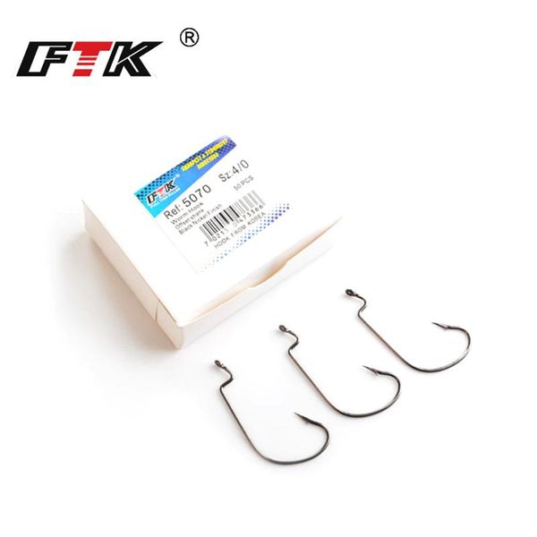 

fishing hooks ftk 50pcs/lot carbon steel offset hook soft worm lure crank fishhook 5/0-2# barbed jig with ring bass pike