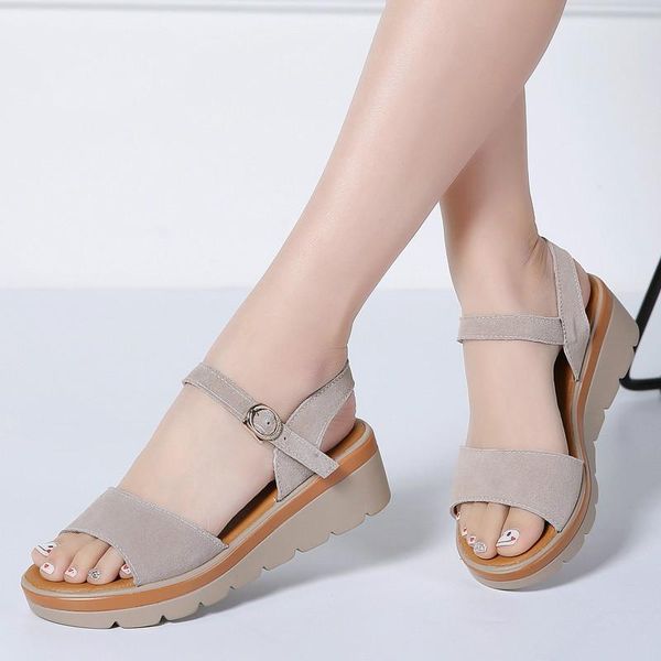 

dress shoes 2021 women sandals summer suede leather high thick heel wedge platform ladies ankle strap flat, Black