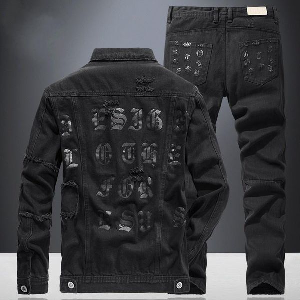 

men's tracksuits autumn black denim coat men cargo jeans loose fit hole ripped prints cowboy jacket straight trousers two piece set ove, Gray